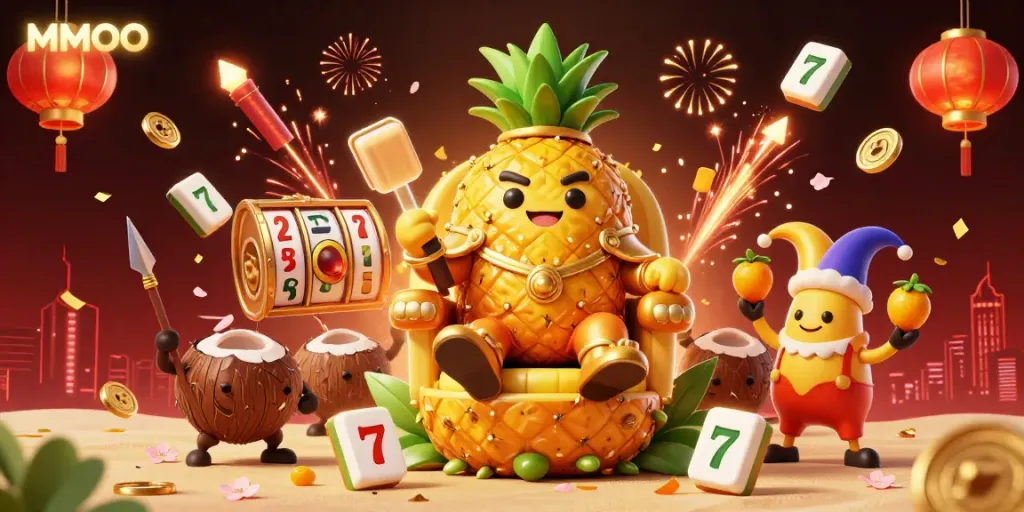 Engaging MMOO casino scene showcasing a golden pineapple king and colorful game elements.