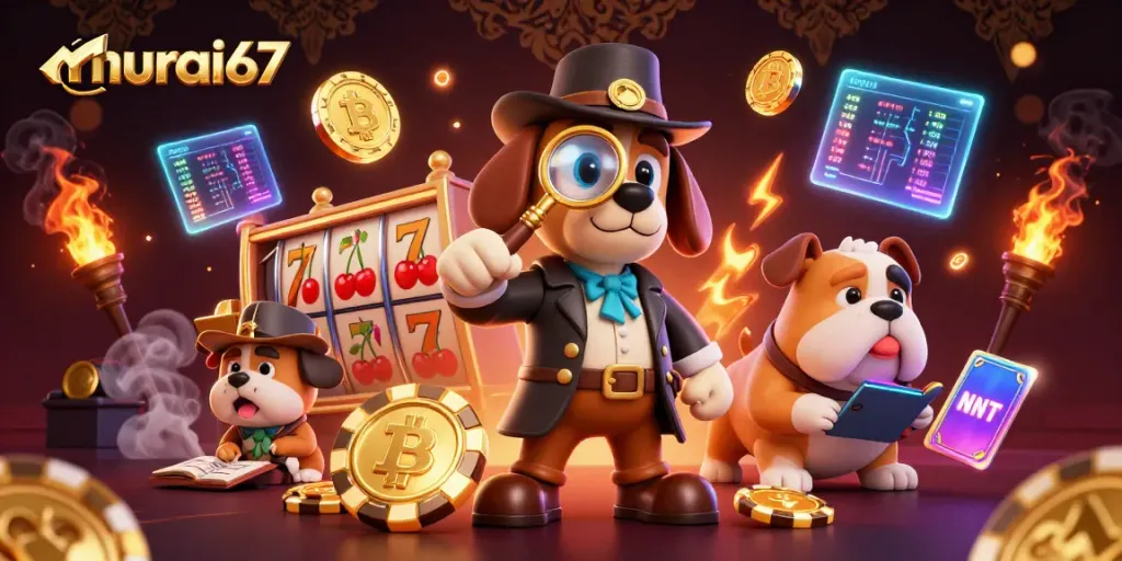 Engaging scene of murai67 exploring a poker chip clue, with vibrant casino elements surrounding.