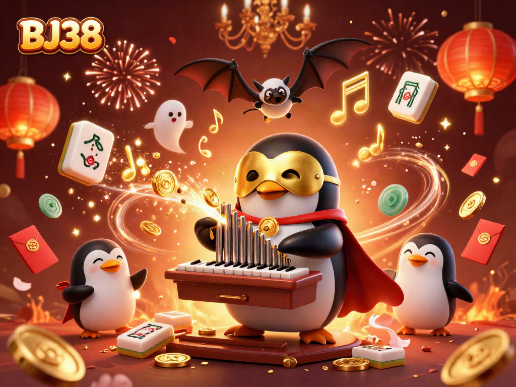 Experience the excitement of BJ38 with an entertaining casino-themed 3D illustration featuring golden coins, mahjong tiles, and festive elements.