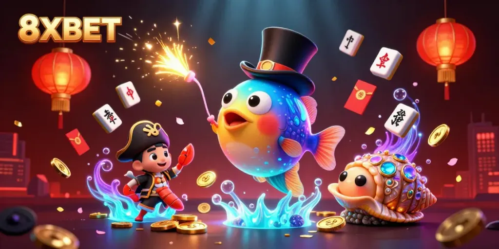 Experience thrilling games at 8XBET with animated characters and vibrant casino elements.