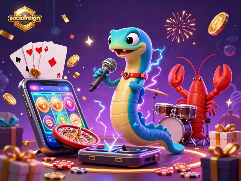 Engage with socialreign's vibrant underwater casino illustration showcasing lively characters and dynamic game elements.