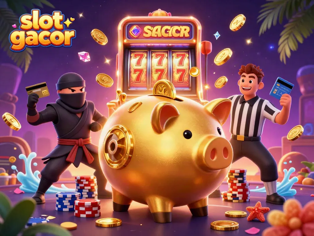 Engaging scene featuring slot gacor characters amid flying coins and vibrant game elements.