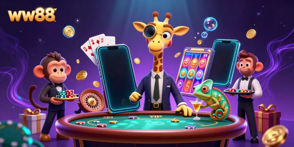 Experience the vibrant atmosphere of ww88 with a high-roller giraffe and lively casino scene.