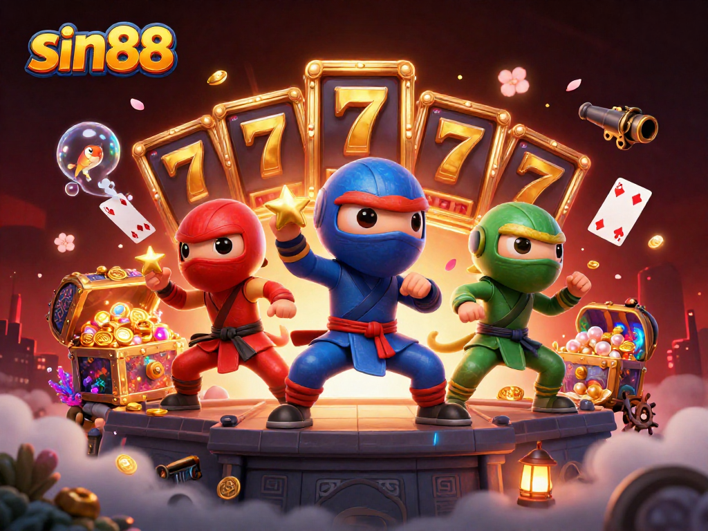 Experience thrilling gaming action at sin88 with a vibrant casino illustration of cartoon chameleon ninjas.