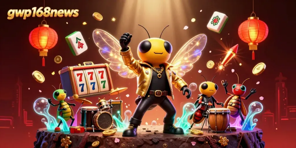 GWP168news menampilkan rock star jangkrik 3D dalam ilustrasi kasino yang dikelilingi elemen keberuntungan dan koneksi keamanan.