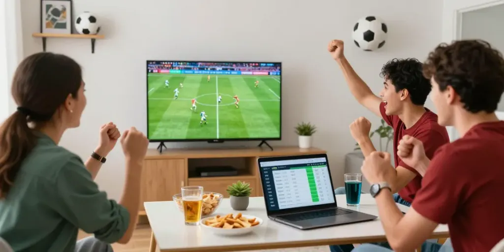 Temu kangen teman dengan bola888 di ruang tamu menyaksikan pertandingan sepak bola.