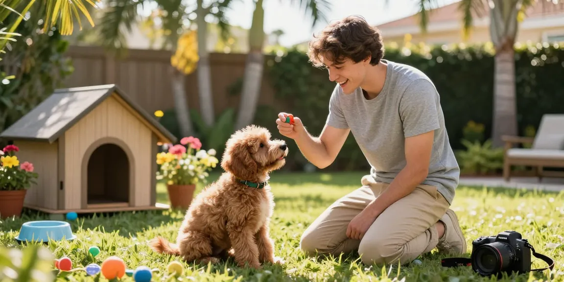 Cavapoo puppies Florida playing in the backyard with a young owner, training moments and sunny atmosphere.