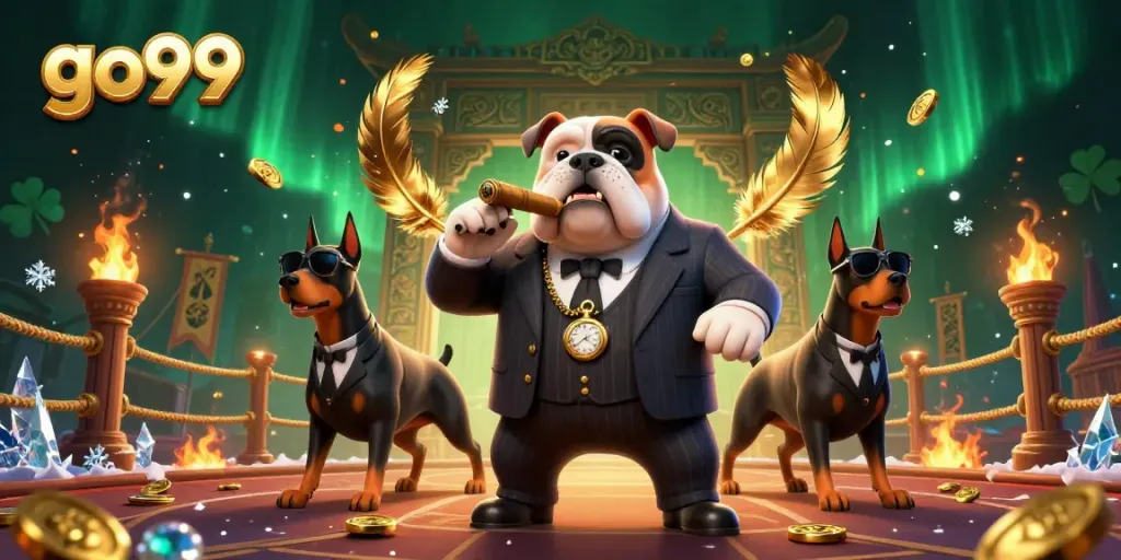 Engage with go99 gameplay in a vibrant casino scene with a cartoon mafia boss.