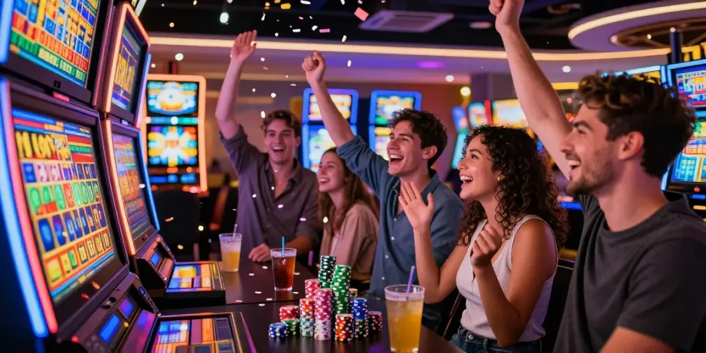 Excited friends celebrating a jackpot win at a colorful slot machine.