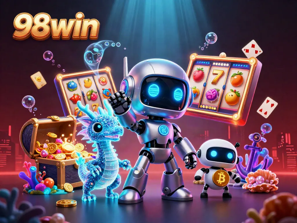 Engage with 98win's thrilling slots in a vibrant 3D casino scene filled with action.
