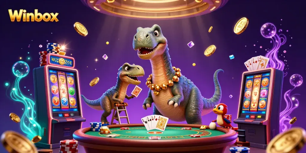 Winbox showcases a vibrant casino scene with dynamic characters and exciting slot machines.