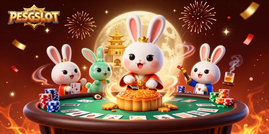 PESGSLOT menghadirkan pengalaman bermain menarik dengan ilustrasi slot dan chip poker di latar bulan.