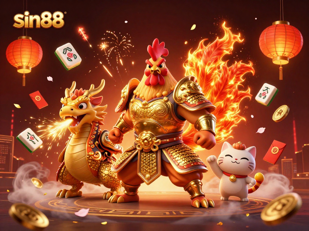 Experience thrilling moments with sin88's dynamic casino scene featuring a rooster warrior and dragon hatchling.