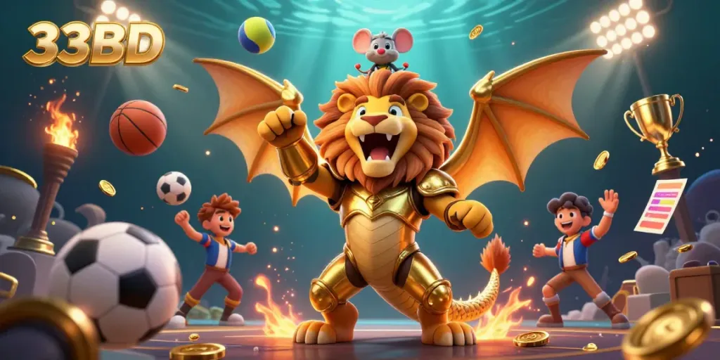 Engage in thrilling gaming with 33BD, represented by a vibrant chimera and sports elements.