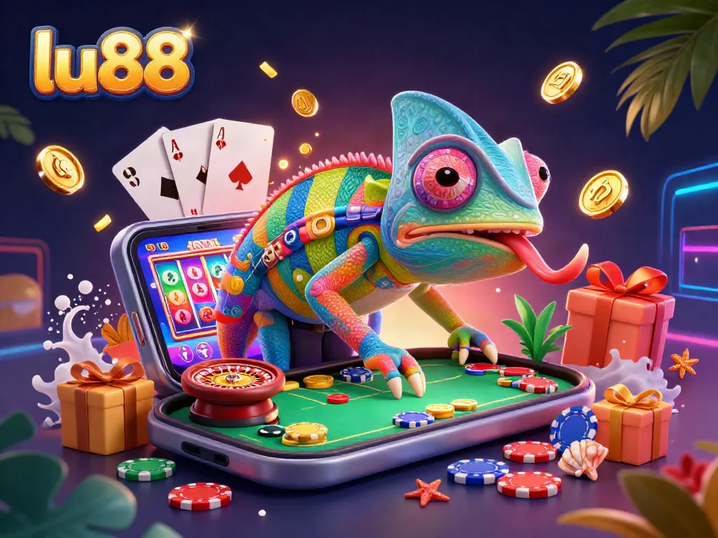 Engage with lu88 online casino featuring a vibrant chameleon character surrounded by exciting gaming elements.