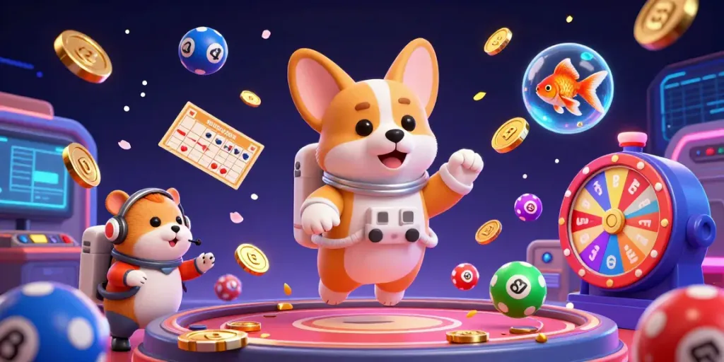 Win big with bolatoto in this vibrant digital casino scene featuring a floating astronaut corgi and dynamic lottery action.