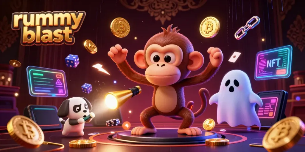 Engage with the exciting rummy blast atmosphere featuring lively characters amidst vibrant casino elements.