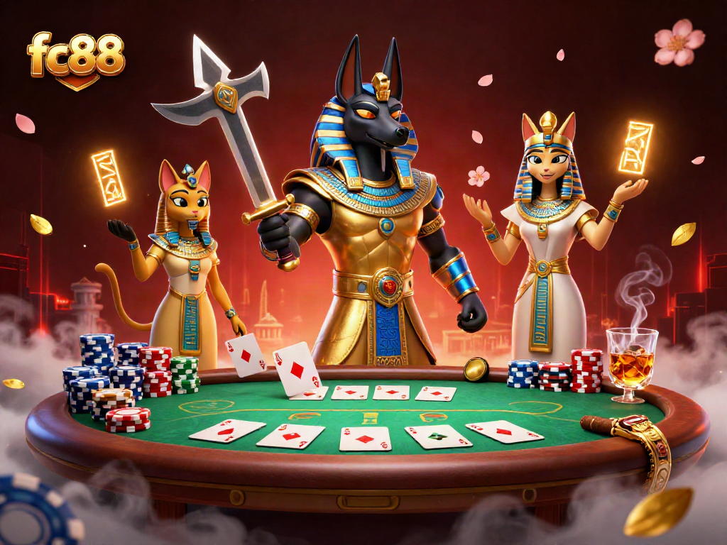 Chơi bài poker với fc88, Anubis và Bastet tạo nên không gian hấp dẫn trong sòng bài.
