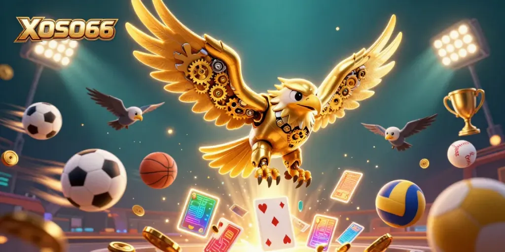 XOSO66 showcases exciting 3D gaming elements with a golden eagle, vibrant sports balls, and dynamic atmosphere.