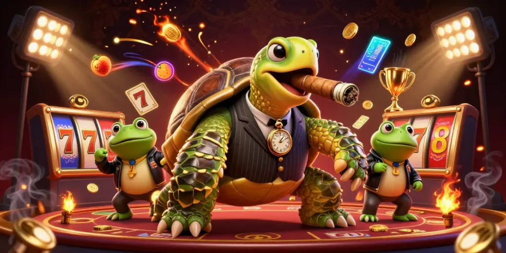 Experience the excitement of casino games with abc8's vibrant 3D illustration featuring a snapping turtle.
