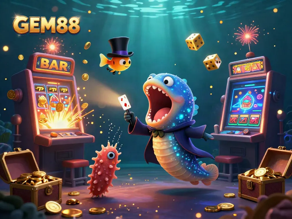 Experience gaming magic at GEM88 with a dazzling underwater casino scene.
