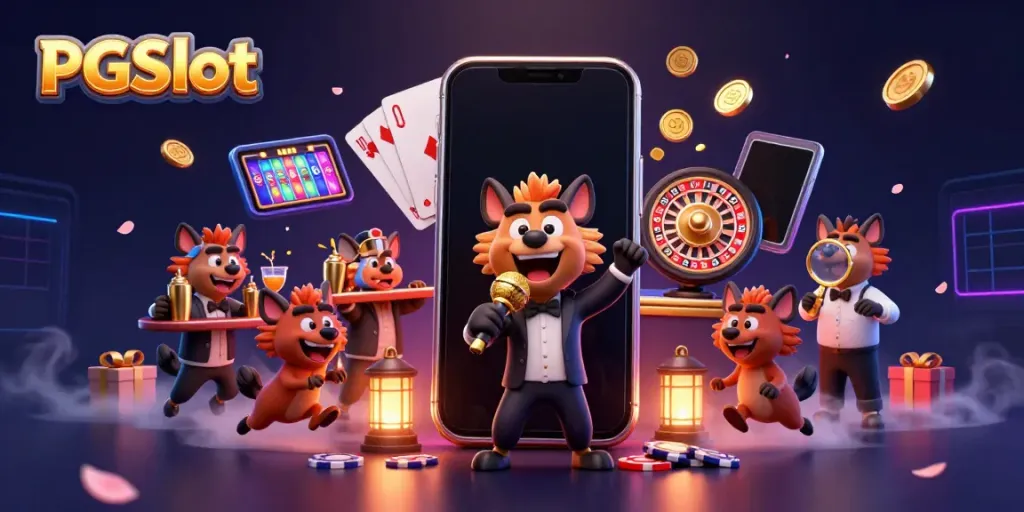 Experience the excitement of PGSlot with cartoon hyenas in a vibrant casino atmosphere.