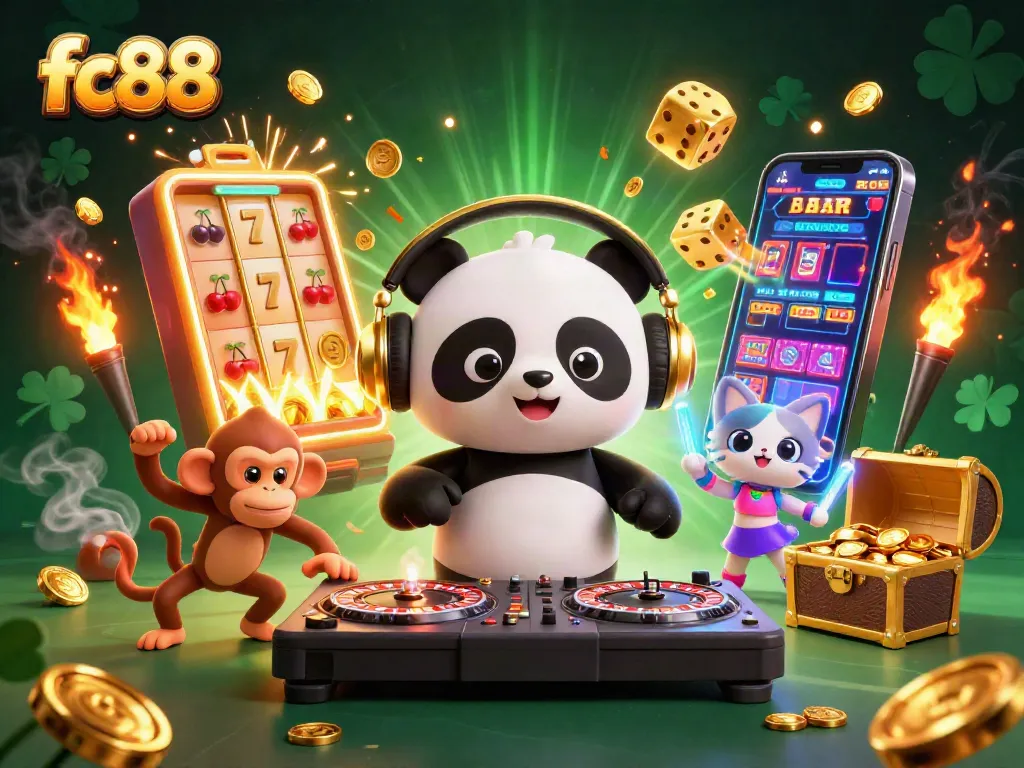 Join the fun with fc88 in this vibrant casino scene featuring colorful slot machines and lively characters!