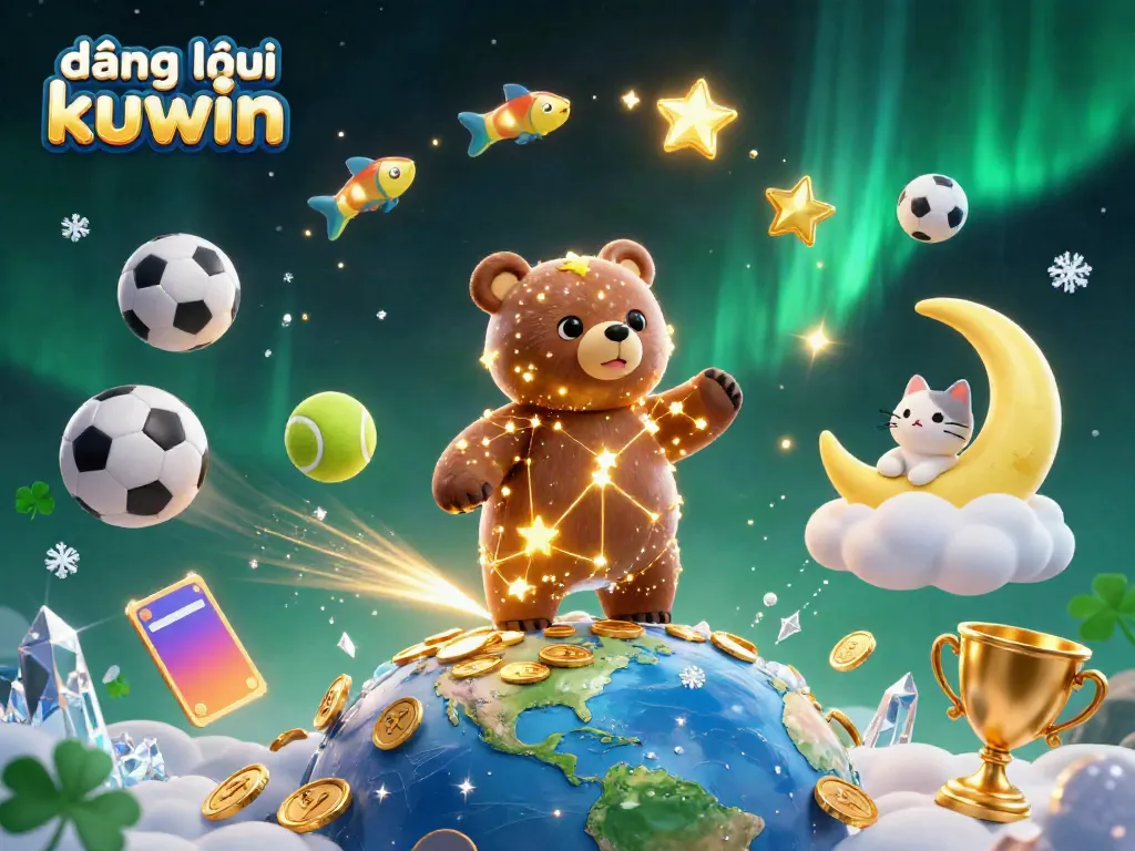 Experience seamless đăng nhập kuwin with starry bears and gold coins in a dynamic casino-themed scene.