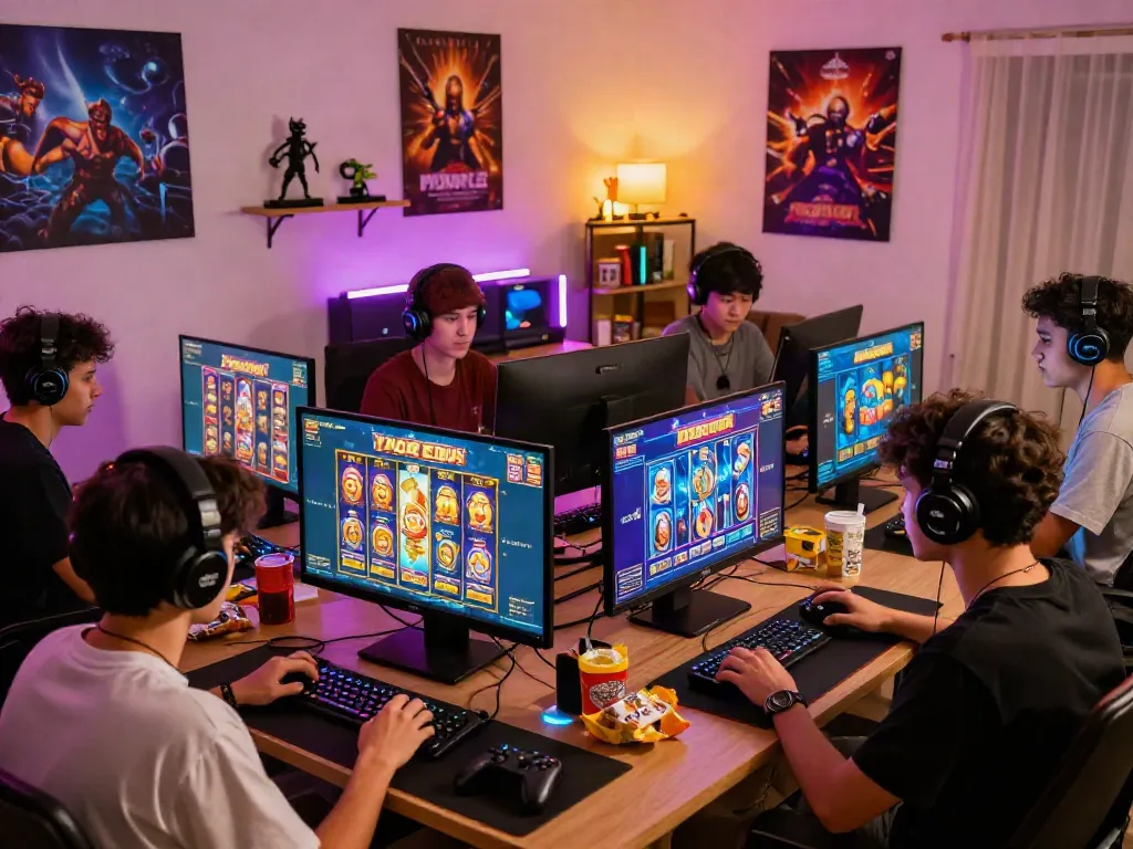 Exciting online gaming scene with players enjoying slot gacor games on colorful devices, showcasing immersive atmosphere.