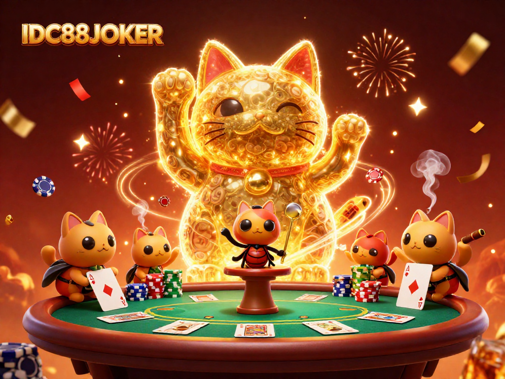 Experience the thrill of IDC88JOKER with a vibrant 3D illustration of a lucky cat and poker action.
