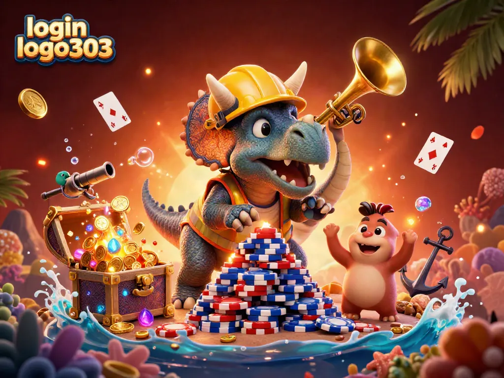 Ilustrasi 3D triceratops konstruktor di tengah perjudian, logo "login logo303" menyala di sudut kiri atas