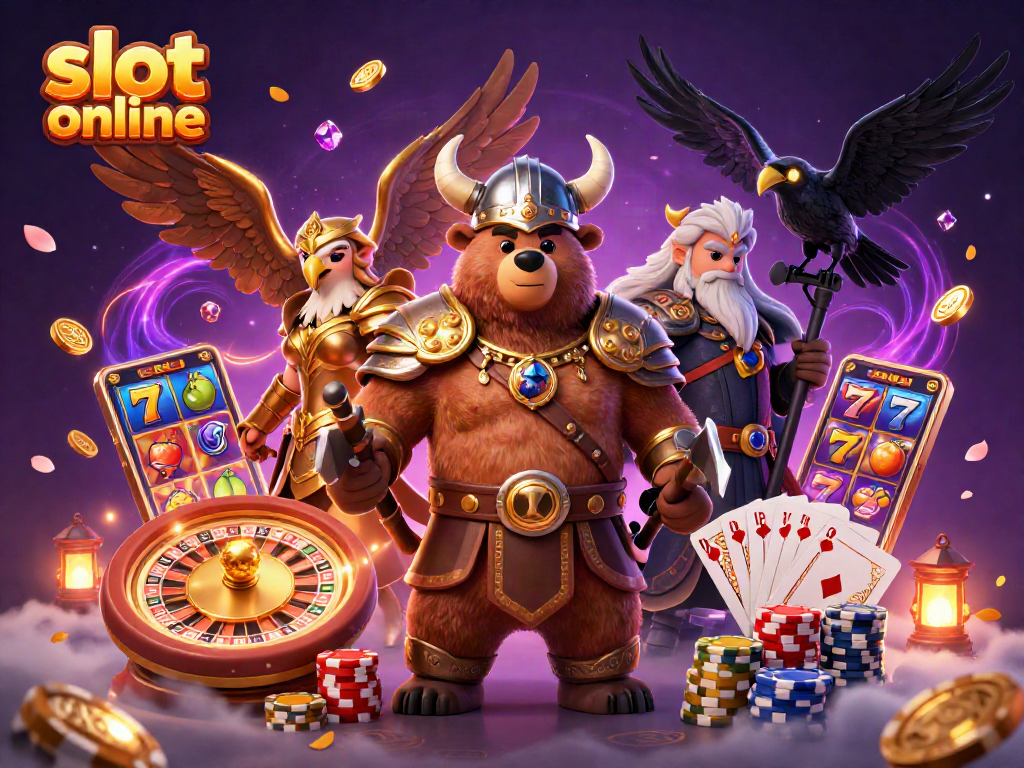 Experience thrilling slot online action with Viking berserker bear and Valkyrie eagle amid casino elements.