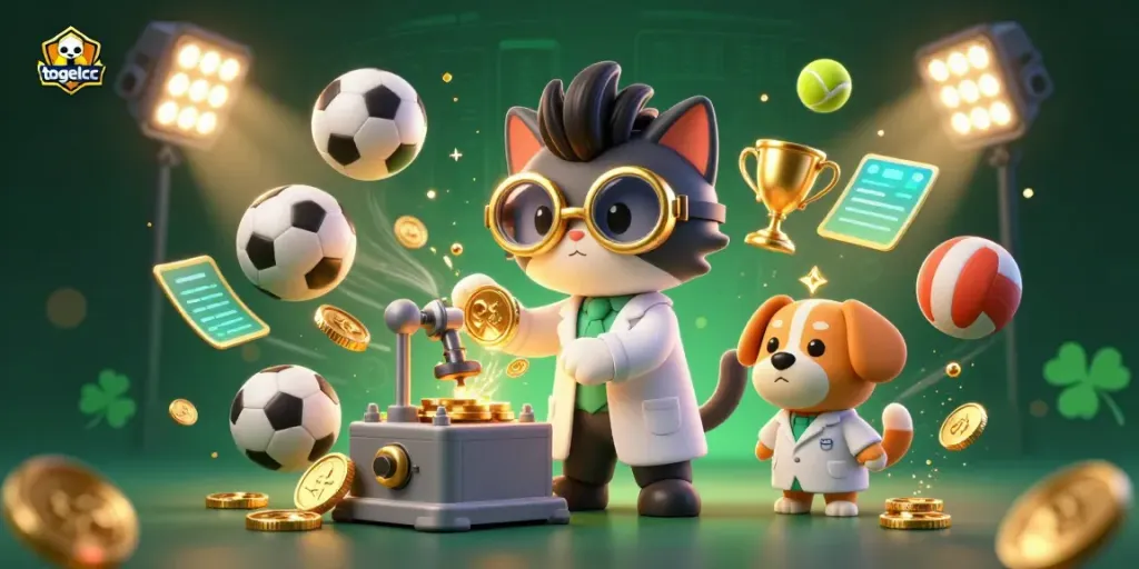Togelcc's vibrant 3D illustration showcases an adventurous scene with a mad scientist cat and playful dog, embodying the excitement of online gambling.