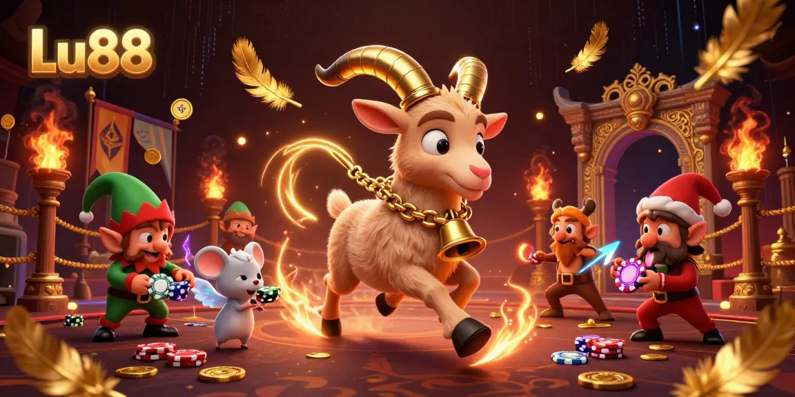 Experience excitement at Lu88, where a Krampus goat interacts with an angel mouse in a lively casino scene.