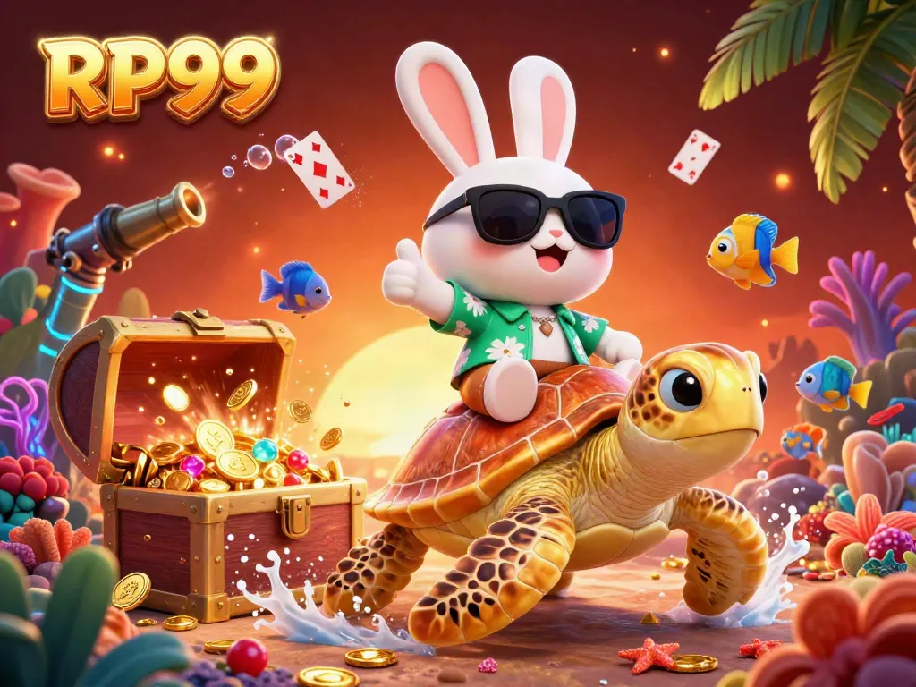 Experience the excitement of RP99 with a vibrant cartoon scene of a lucky rabbit on a golden turtle, surrounded by treasures.