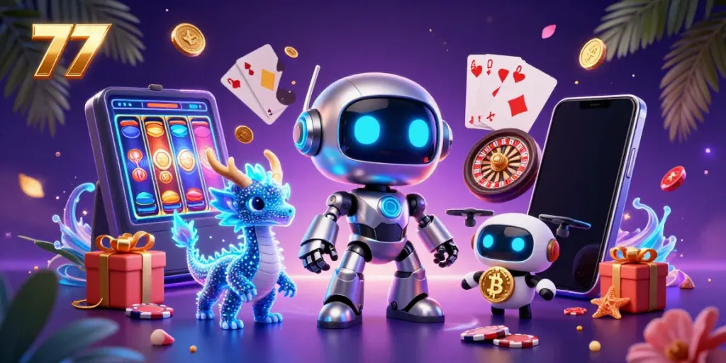 Experience thrilling action at 77 with a vibrant 3D casino scene featuring a cyberpunk robot and gaming elements.