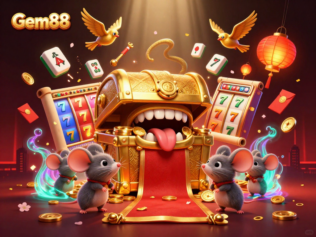 Experience the charm of Gem88 with a lively 3D treasure chest scene, attracting players with captivating elements.