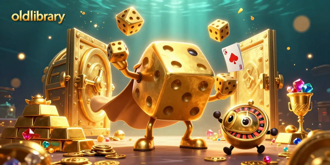 oldlibrary showcases a vibrant 3D casino scene filled with golden treasures and playful dice.