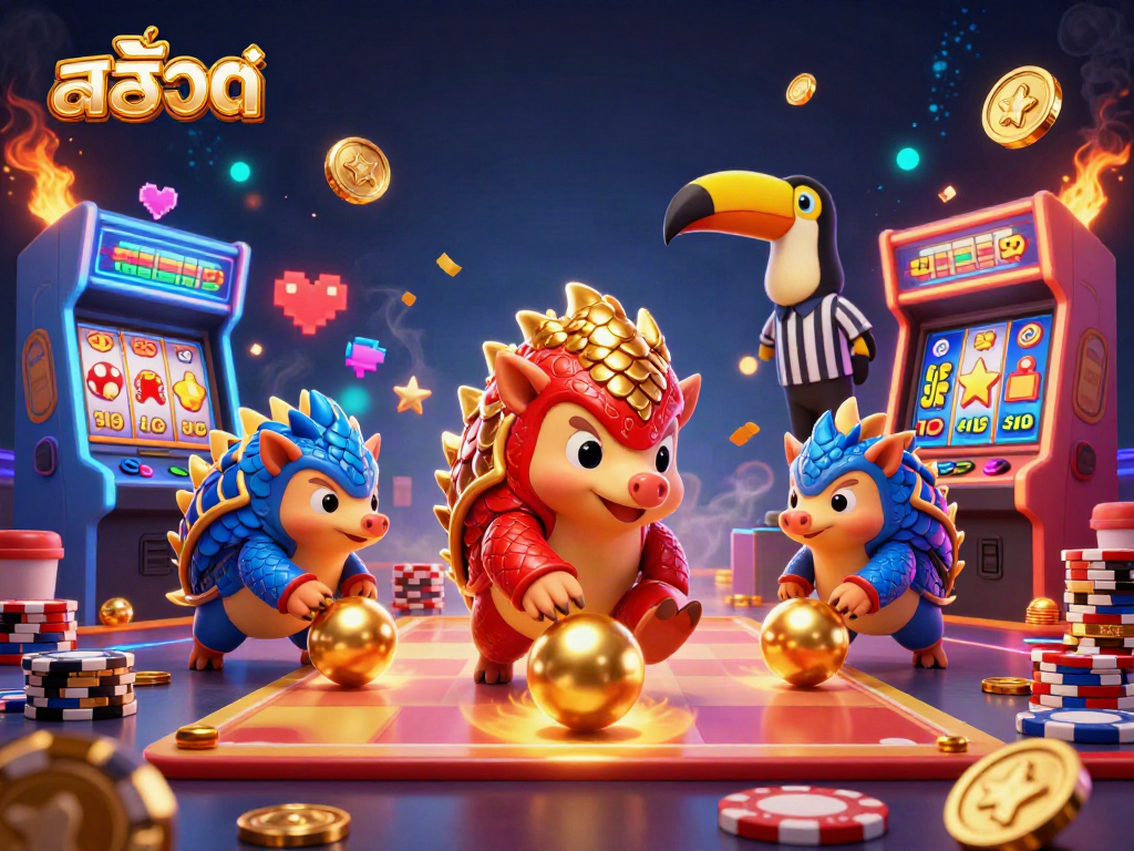Bowling pangolins symbolize สล็อต excitement amidst colorful casino themes and gaming elements.