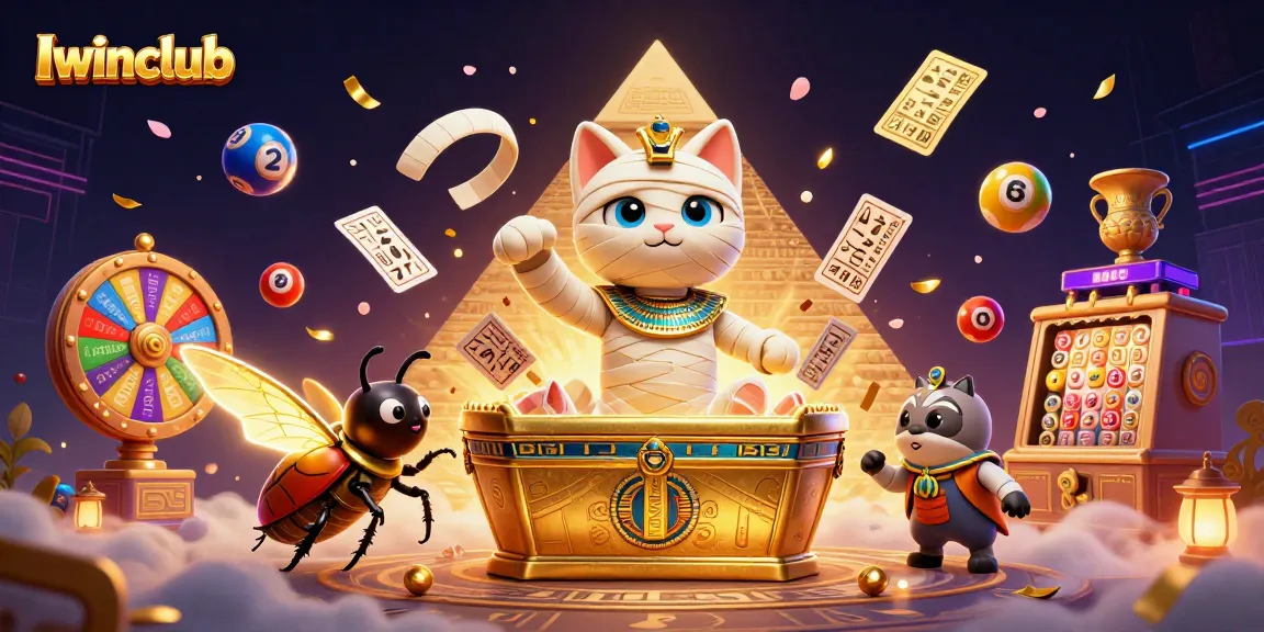 Iwinclub's vibrant pyramid casino scene featuring a mummy cat alongside game elements