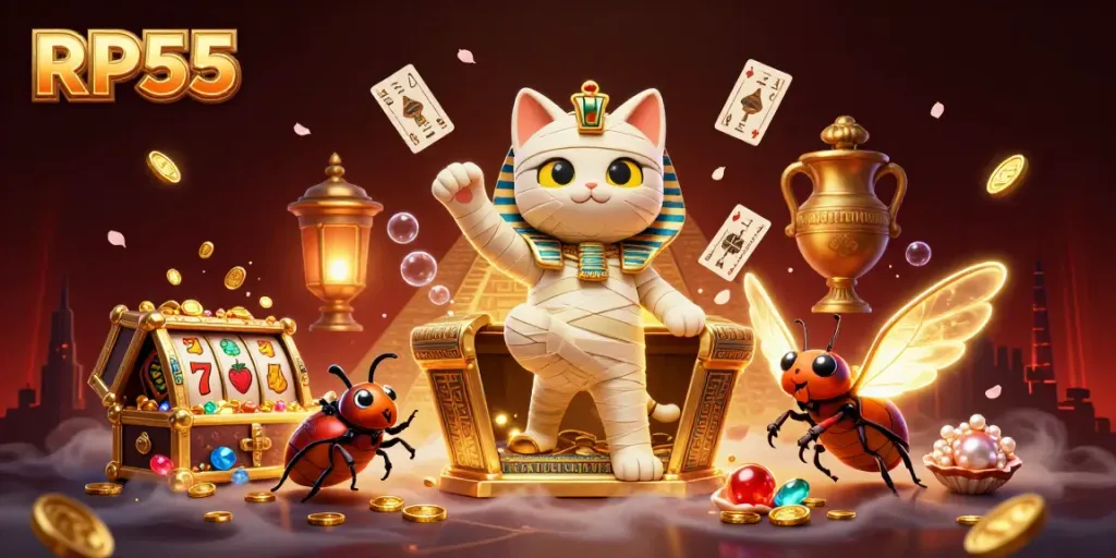 Experience thrilling action at RP55 with an Egyptian mummy cat, glowing scarab, and spinning slots.