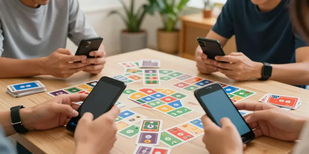 Enjoying a game of rumble rummy on a smartphone in a cozy setting.