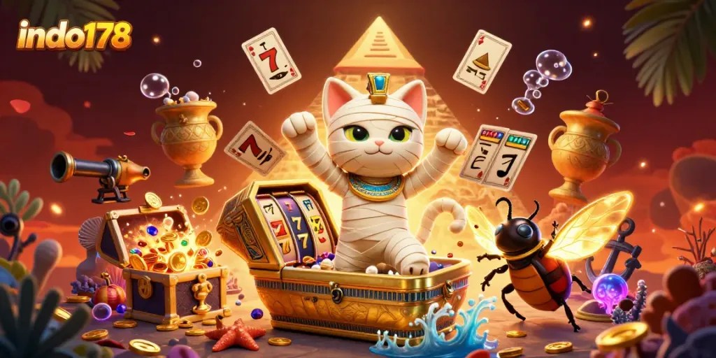 indo178 unleashes exciting casino thrills with a mummy cat and golden treasures in a vibrant gaming scene
