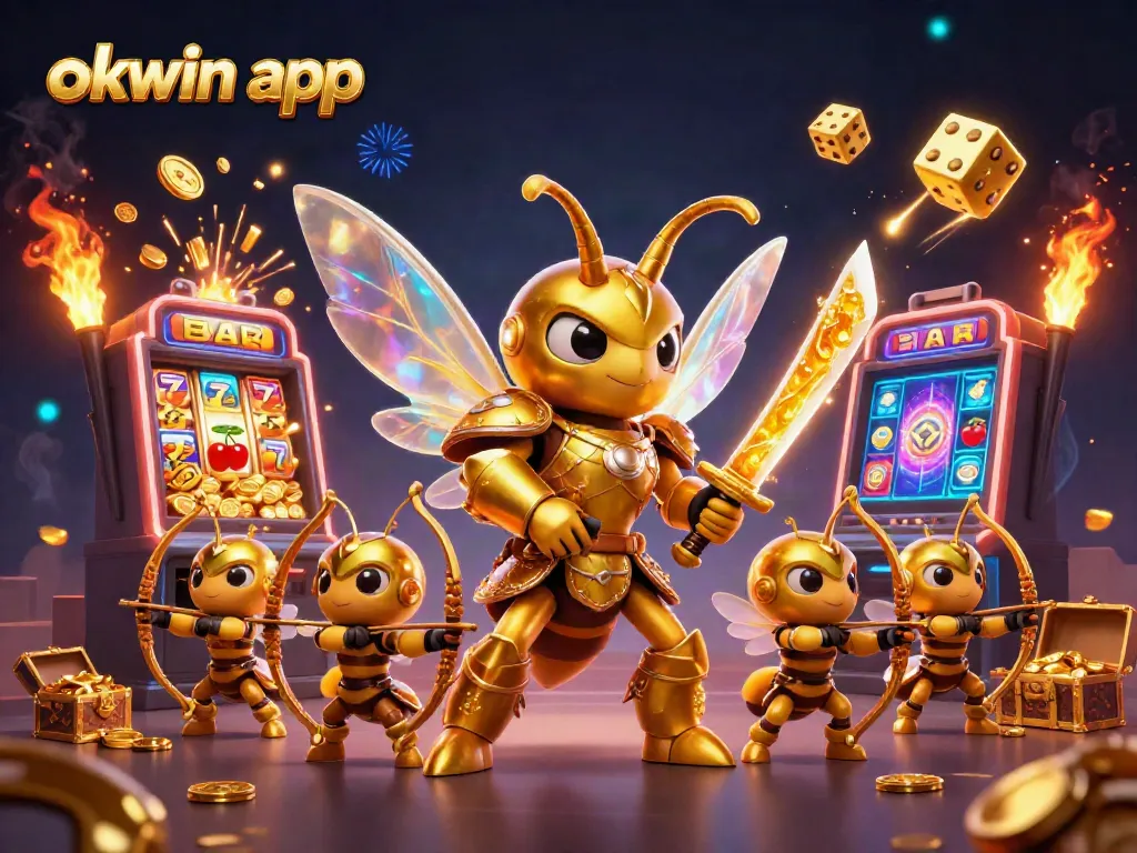 Immerse yourself in the okwin app adventure with a vibrant jackpot scene featuring thrilling slots and dynamic characters.