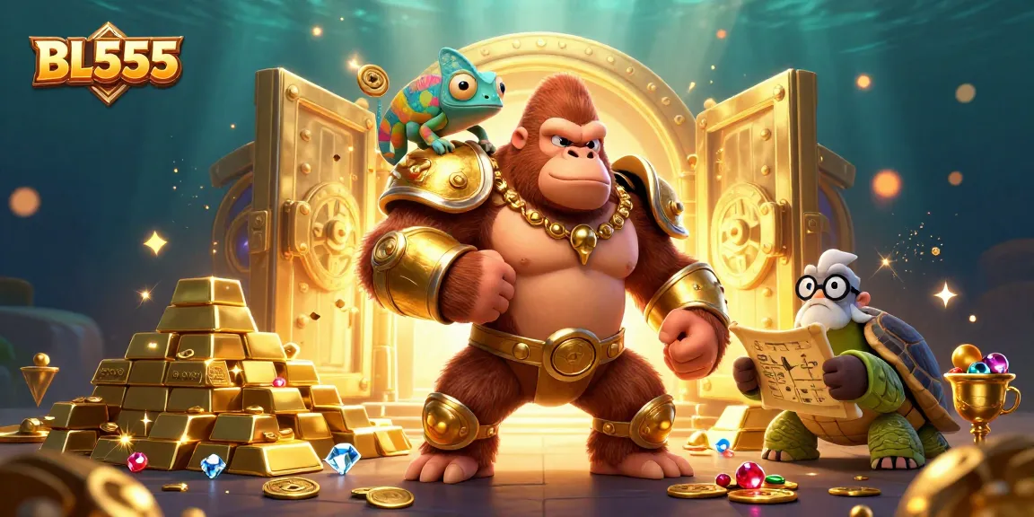 Engage in thrilling gaming adventures with the BL555 cartoon characters amid a treasure-filled scene.