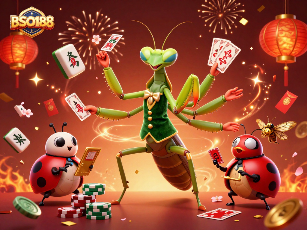 Experience BSO188 as the giant mantis and ladybug create a lively casino scene filled with joy and luck.
