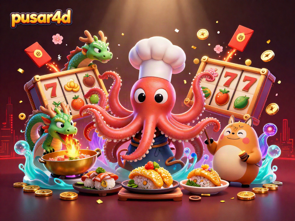Pusar4d merayakan kemenangan dengan ilustrasi 3D penuh warna dari koki sushi gurita dan naga, memanaskan atmosfer judi.