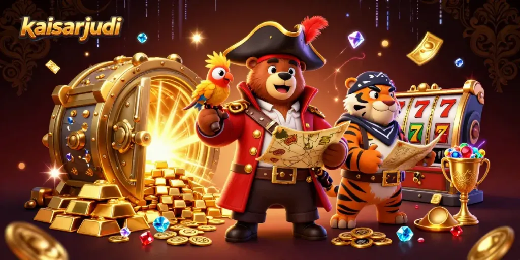 Kaisarjudi brings excitement to life with a pirate bear, tiger, and treasures in a lively casino scene.