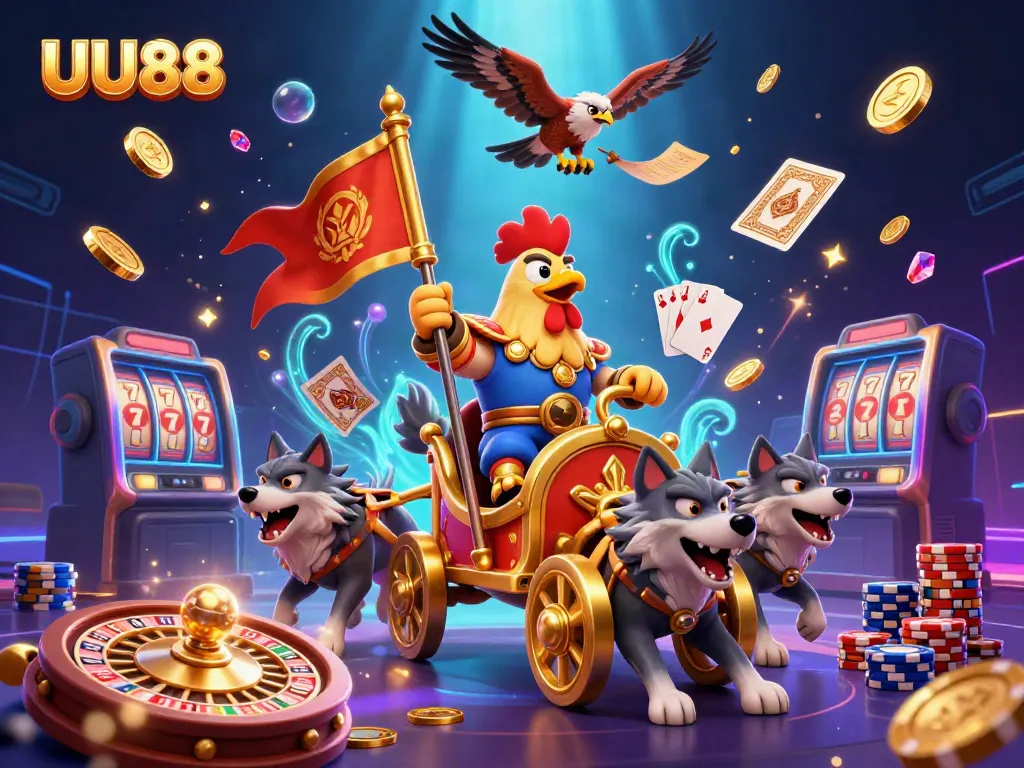 Experience thrilling wins at UU88 with the 3D cartoon rooster warlord amidst cascading golden coins and vibrant casino elements.