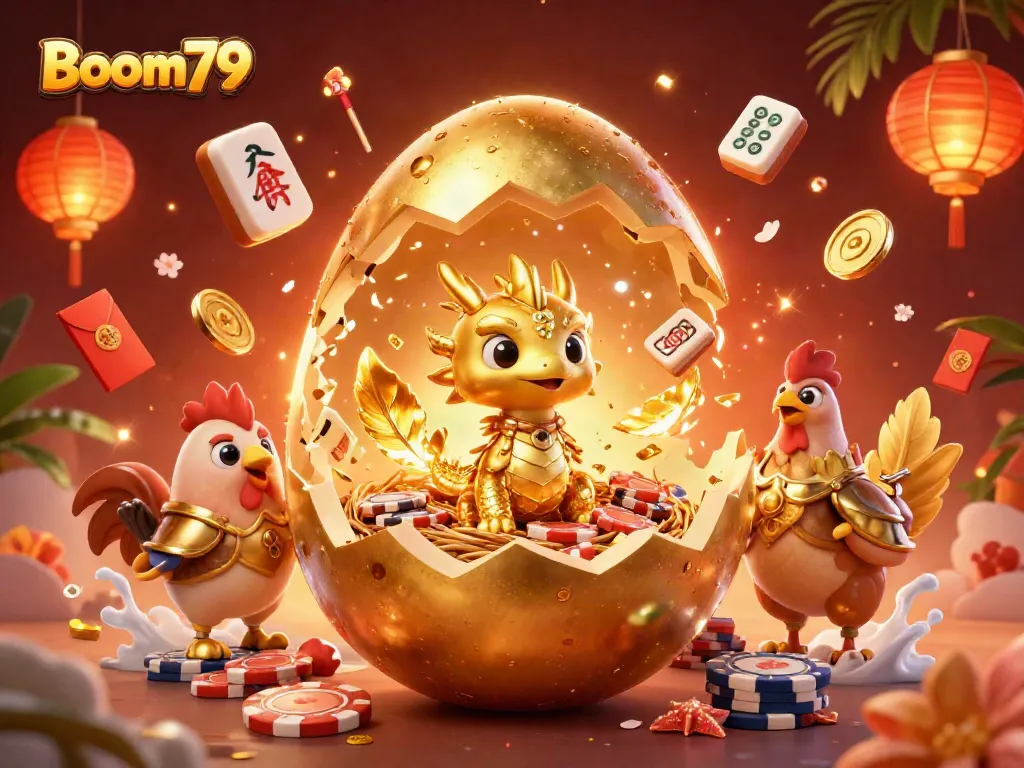 Experience Boom79's thrilling gaming world with a golden dragon surrounded by vibrant casino elements.